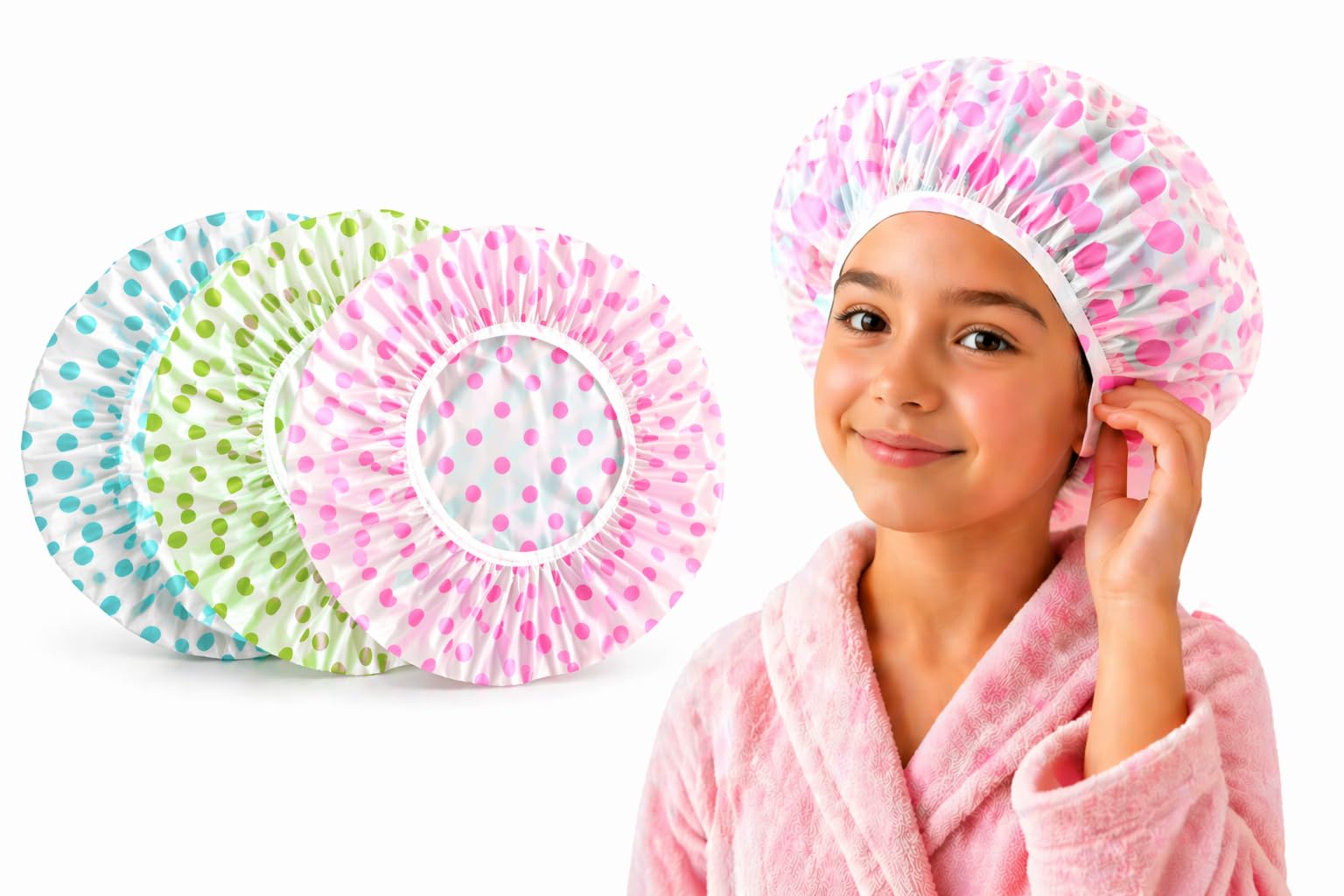 Brahmani StoreReusable Waterproof Shower Cap for Women & Girls – Double Layer Leakproof Bath Cap, Elastic Fit, Durable & Stylish Polka Dot Design – Hair Protection for Shower, Spa, Travel (Multicolor Pack)-image-32
