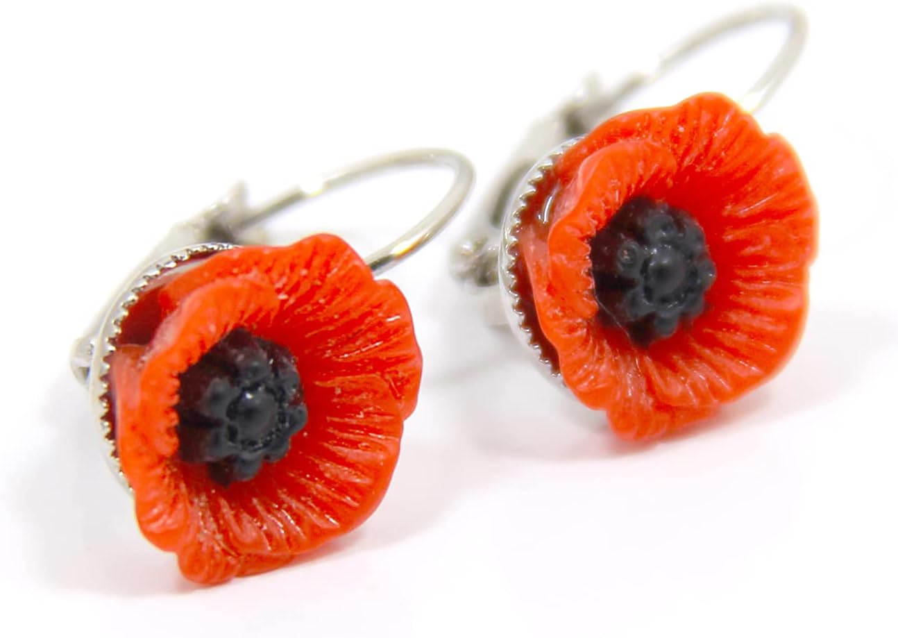 Poppy Earrings, Handmade Red Flower Earrings, Remembrance Day Floral Jewelry, Dainty Leverback Earring for Women, Birthday Gift Idea, Thanksgiving Jewellery