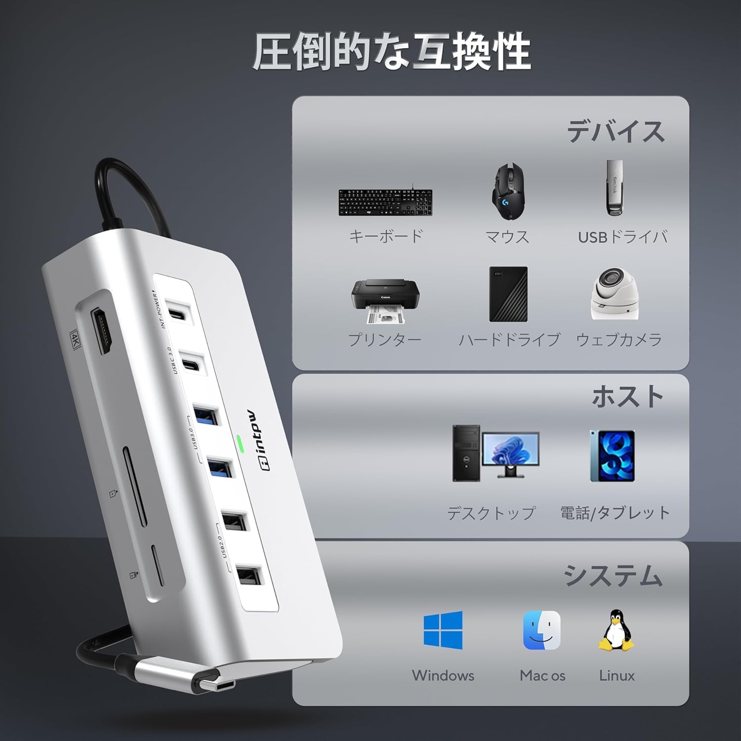 P9 Hub USB C, intpw 9 en 1 Adaptateur USB C vers 4K HDMI, PD 100W, 2 x USB A 2.0, 2 x USB A 3.0, 1 x USB C 3.0, SD/TF pour MacBook Air/Pro iPad Dell
