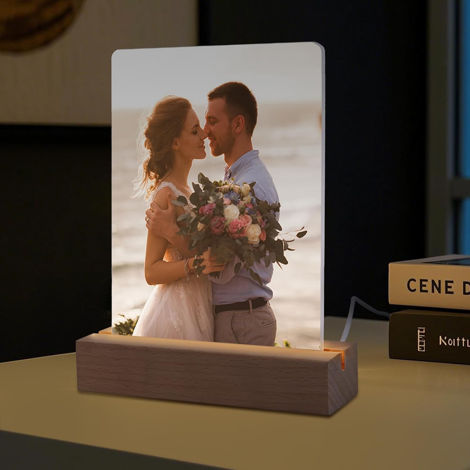 4 Pack 5" x 7" Sublimation led Acrylic Photo Frames Night Lights Blanks Heart Shape,with Warm Color Light with Wood Stand for Heat Press Machine Printing