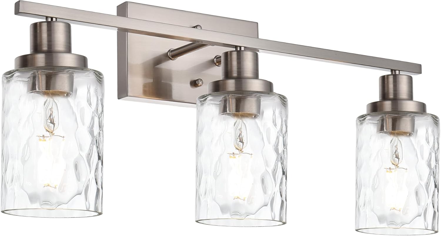 MELUCEE 3-Light Bathroom Lights Modern Vanity Lights Brushed Nickel Finish with Hammered Glass Shade, Industrial Wall Light Fixture for Bedroom Living Room Kitchen (Patent No.: US D963914 S) 3 Lights Brushed Nickel