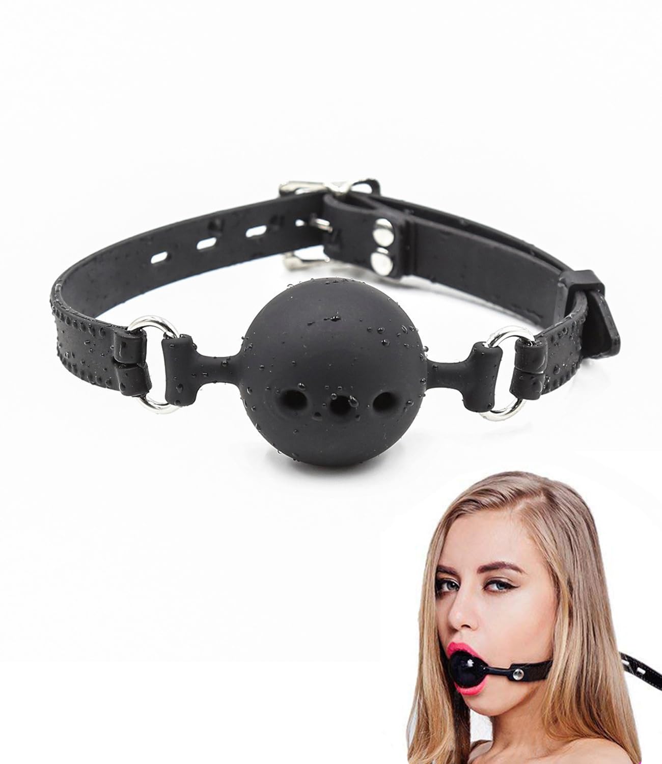 Leather Restraints Ball Mouth Plug Silicone Bondage Ball Gag Hollowed-Breathable Silicone Sex Gag Muzzles Adjustable Strap Bondage Harness Restraints-S(BO4)