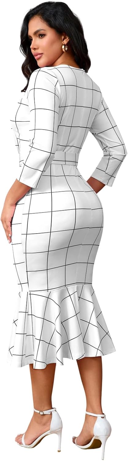 ZonJie Women Work Business Plaid Dress Casual Button Long Sleeve MIdi Dress Classy Bodycon Wedding Guest Dresses - Image 6