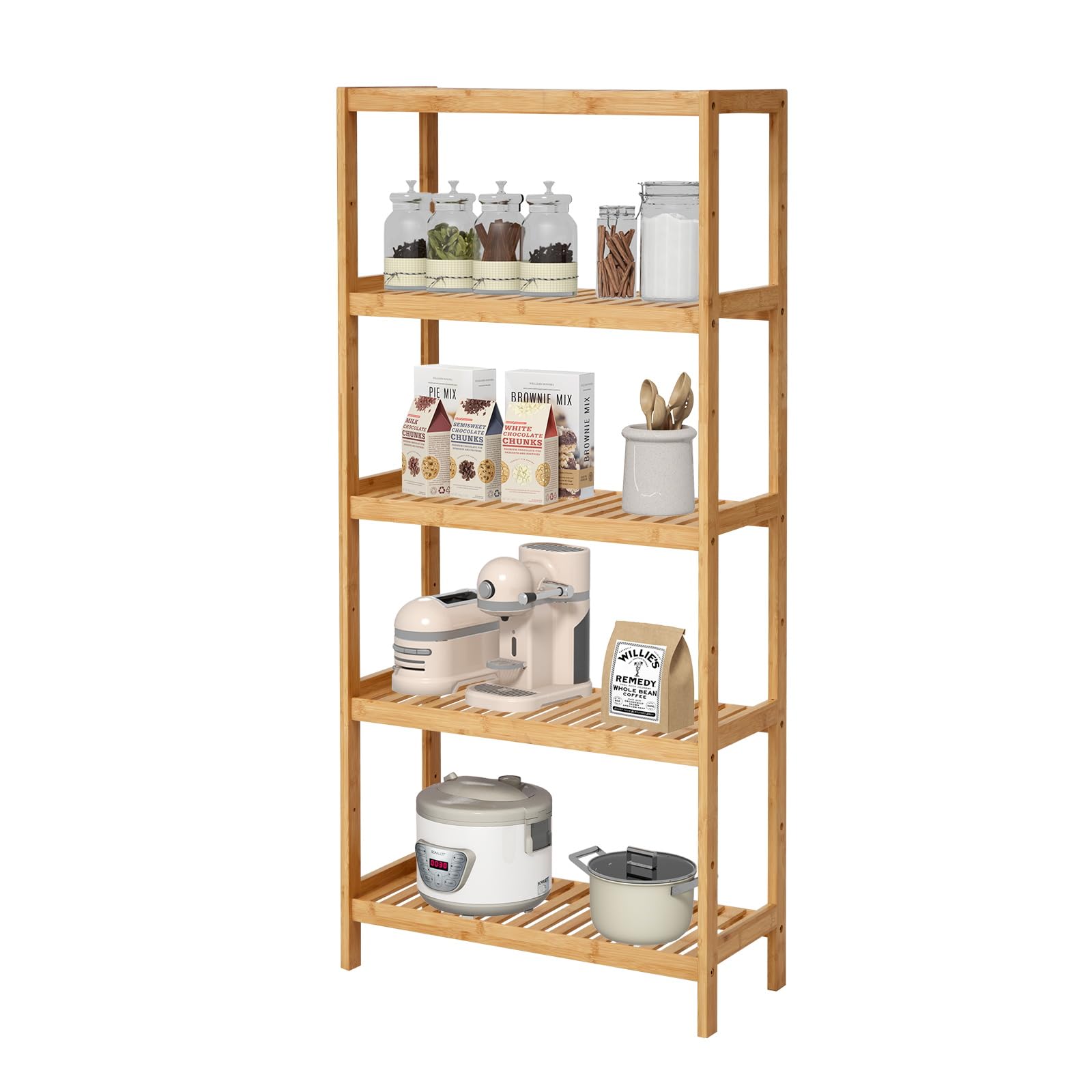 Sangsan 5 Tier Bamboo Shelf - Bamboo Utility Flower Plant Stand Rack Storage Sehlf, Multifunctional Adjustable Bookshelf for Bathroom, Kitchen, Office