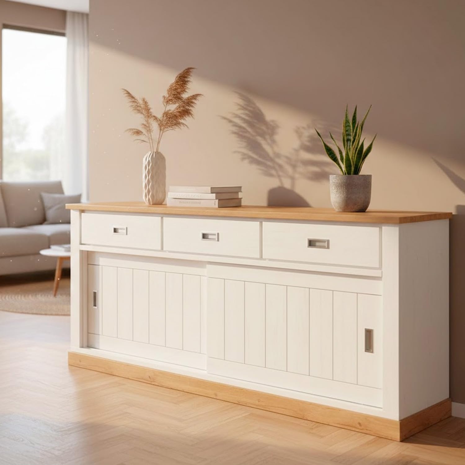Arreditaly Credenza Soggiorno 3 Cassetti 2 Ante Scorrevoli 4 Ripiani Interni Mobile Buffet Madia Dispensa Cucina Zona Living Design Classico Moderno 220 x 50 x 95 Cm (Bianco e Rovere)