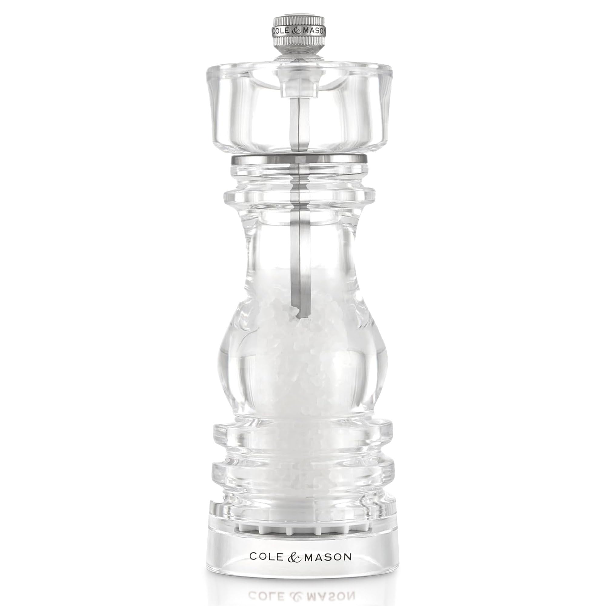 Cole & Mason London Acrylic Salt Mill, 18cm Salt Grinder with Adjustable Grind, Non Corroding Ceramic Mechanism, Seasoning Mill, Lifetime Mechanism Guarantee