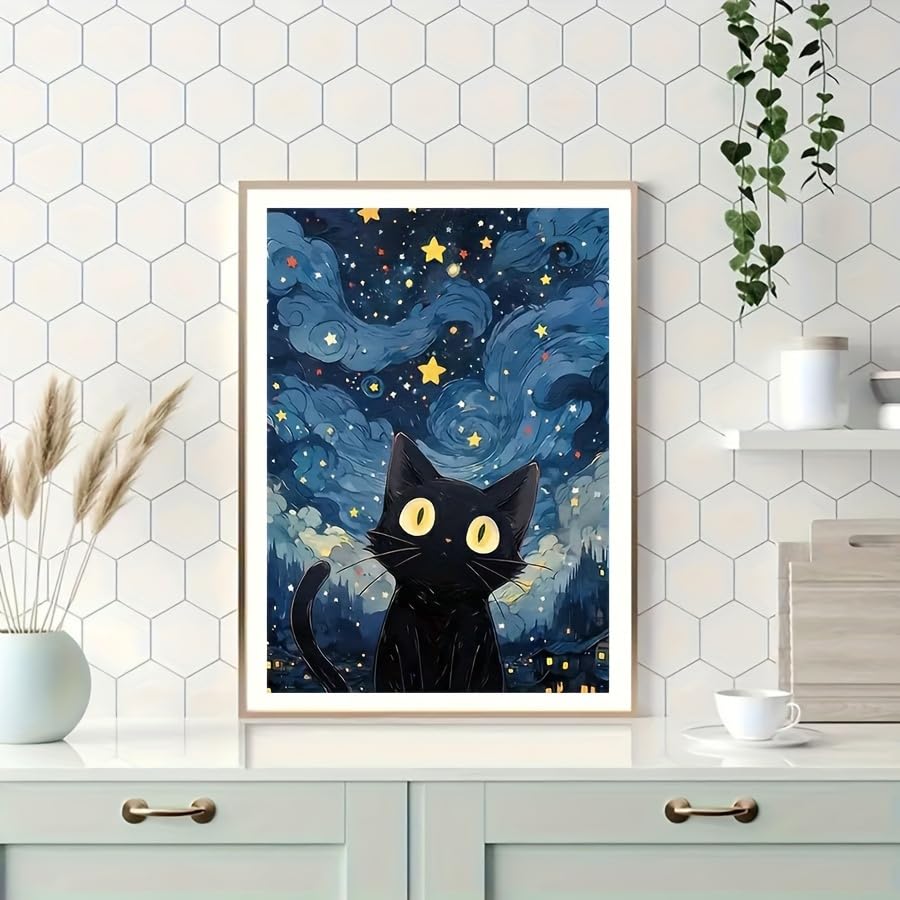 Image of HASTHIP DIY Diamond Painting Kit for Adults, Cartoon Cat Starry Night Paint by Numbers with Tools & Accessories, 30x40cm No Frame Pre Outlined Canvas Diamond Art Kit