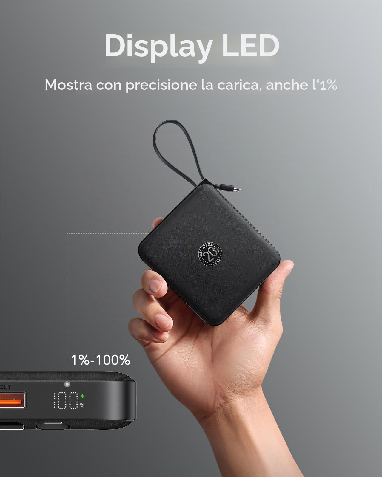 VRURC Batteria esterna 20000mAh con 4 Cavi Integrati Mini Power Bank USB C 22.5W Ricarica Rapida Batteria Portatile con Display LED per iPhone Huawei Xiaomi