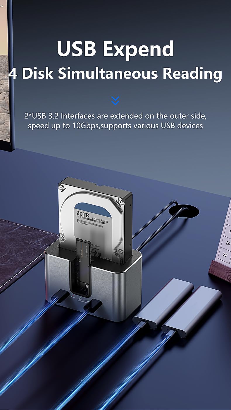 Station d'accueil pour Disque Dur, Station d'accueil USB 3.2 10 Gbps, boîtier SSD Externe en Aluminium à Double Baie USB C pour lecteurs M.2 NVMe/SATA et SSD/HDD SATA 2,5''/3,5''
