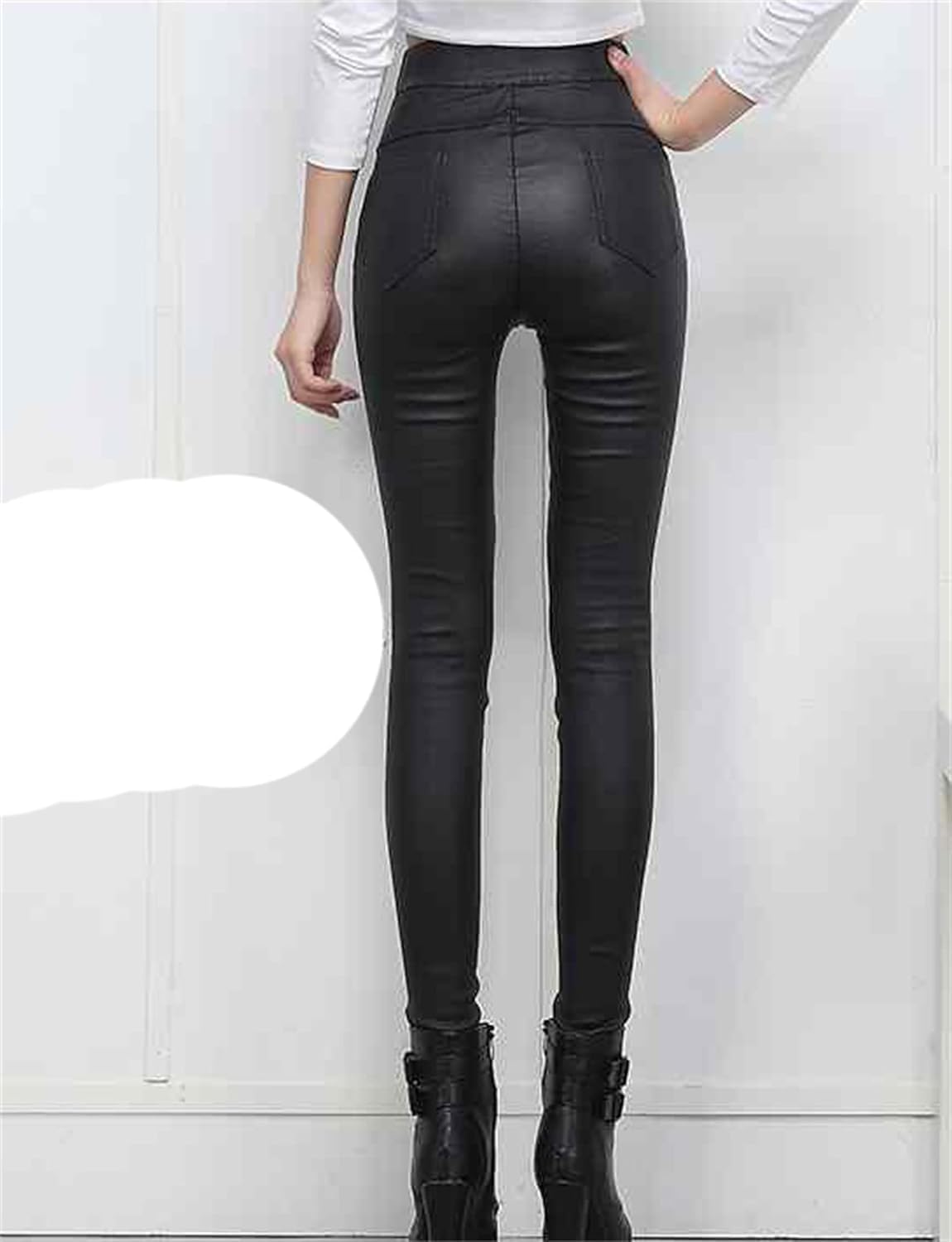 Damen Hohe Taille Skinny Slim Fit Dehnbar Kunstleder Look Leggings Yoga Denim Hose Verdickt, Black 2, M