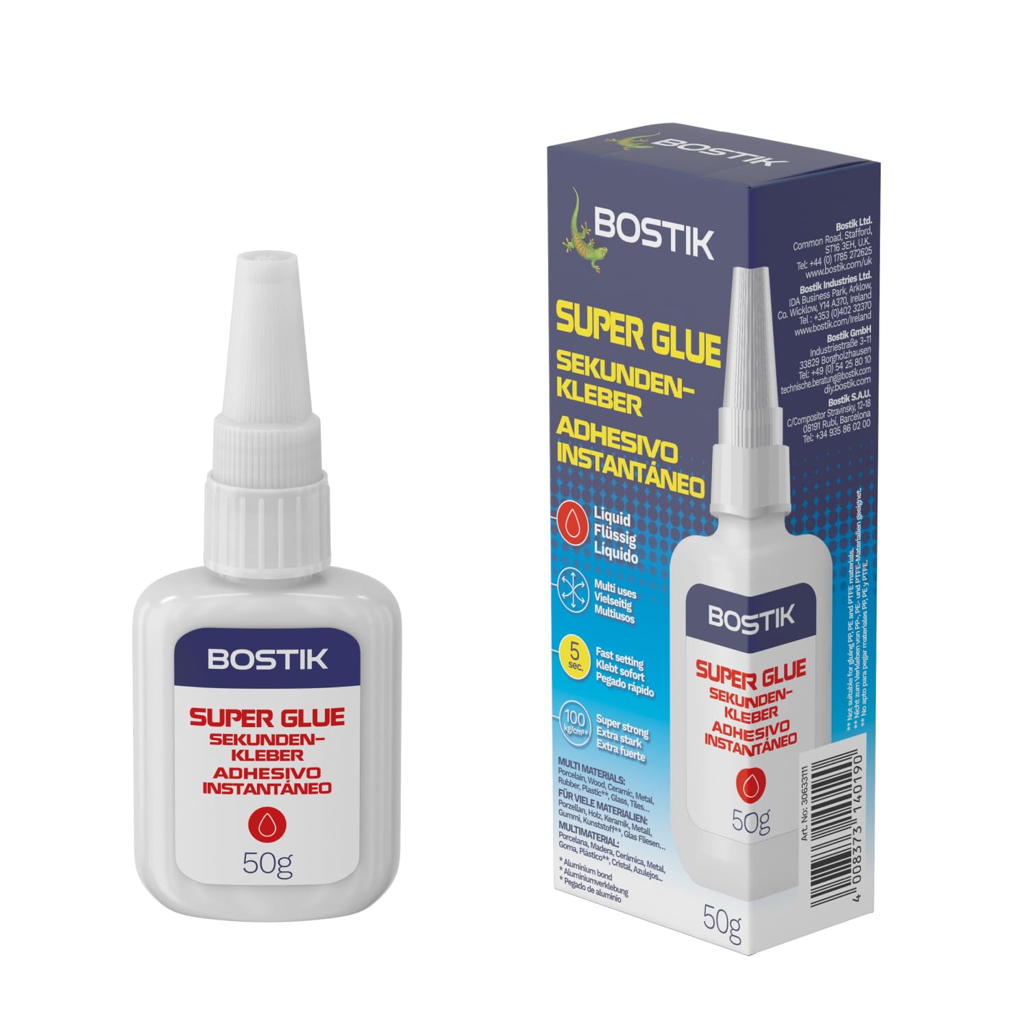Bostik Super Glue Liquid 50g – Extra Strong & Fast-Setting – Multi-Purpose Adhesive for Wood, Plastic, Metal, Glass, Porcelain and More – Ideal for Repairs in Homes, Offices & Schools