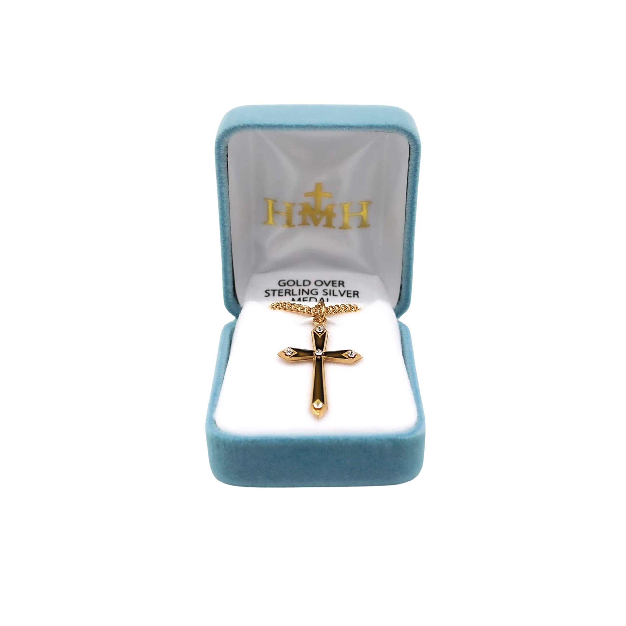 Fratelli Bonella | Collana con Croce in Argento 925 - punti luce in Cristallo Swarosky - finitura placcata in oro 16 Kt – Girocollo da 45 cm in Argento Inossidabile | Made in Italy