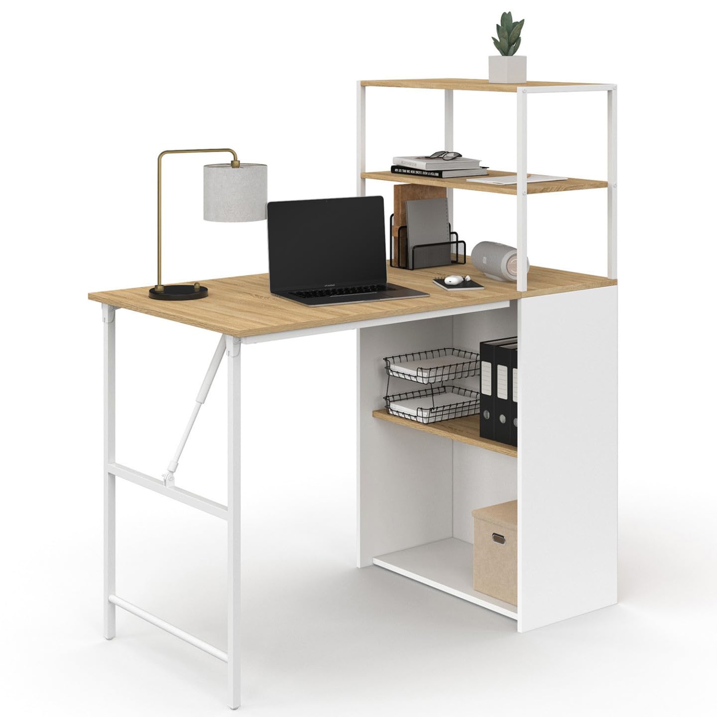 IDMarket - Bureau bibliothèque Pliable Ray Plateau Rabattable Bois façon hêtre et Blanc