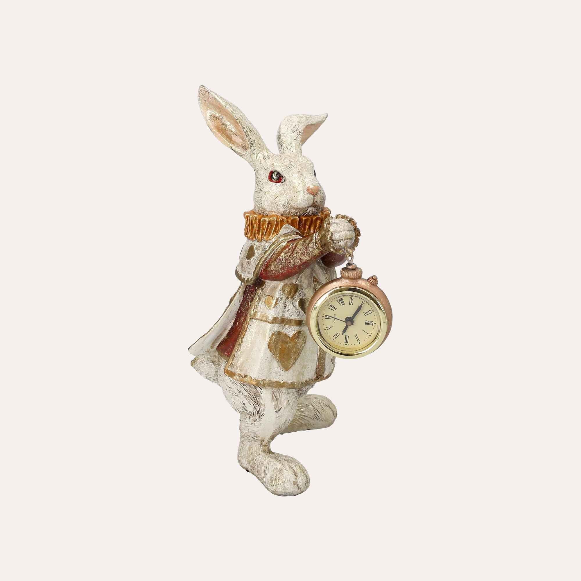 Keyhomestore | Statuina Coniglio con Orologio in Resina Bianco/Oro