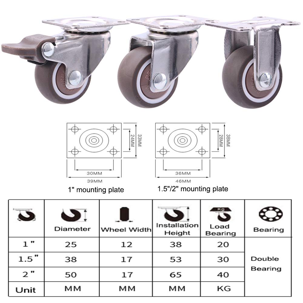 Kółka X4 Małe kółka gumowe 1′′/1,5′′/2′′ Obrotowe meble z hamulcem, odporne na zużycie, ciche koła (a+c 38 mm (1,5 cala))