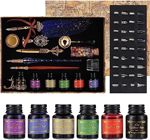 Joyeee Stylo Plume Calligraphie, stylos en verre bleu, 6 encres multicolores, porte-stylo, tasse de nettoyage et kit de sceau de cire, date d'anniversaire idee...