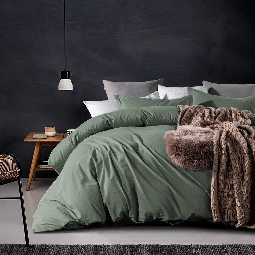 Comforter Set, Washed Cotton Duvet Cover, Natural Solid Color Slight Wrinkle Design, Breathable Bedding Set, 3 Pieces Bed Cover & Pillow Shams (Green, King)