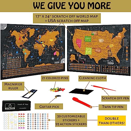 Scratch Off World Map Poster - 17X24 Inches - Bonus United States Map. Detailed Outlined States, Flags/Capitals/Populations/Landmarks/Monuments/Time Zones; Full Accessories Set & Name-Tag Gift Box #TOP1