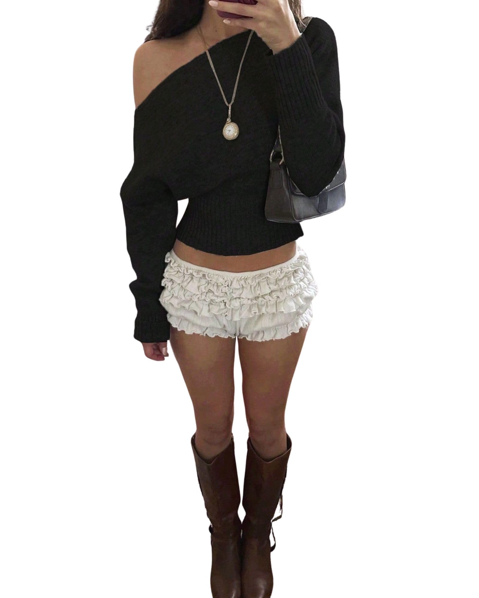 CORIRESHA Womens Fashion Long-Sleeved Off-Shoulder Short Sweater Y2K Casual Outfit