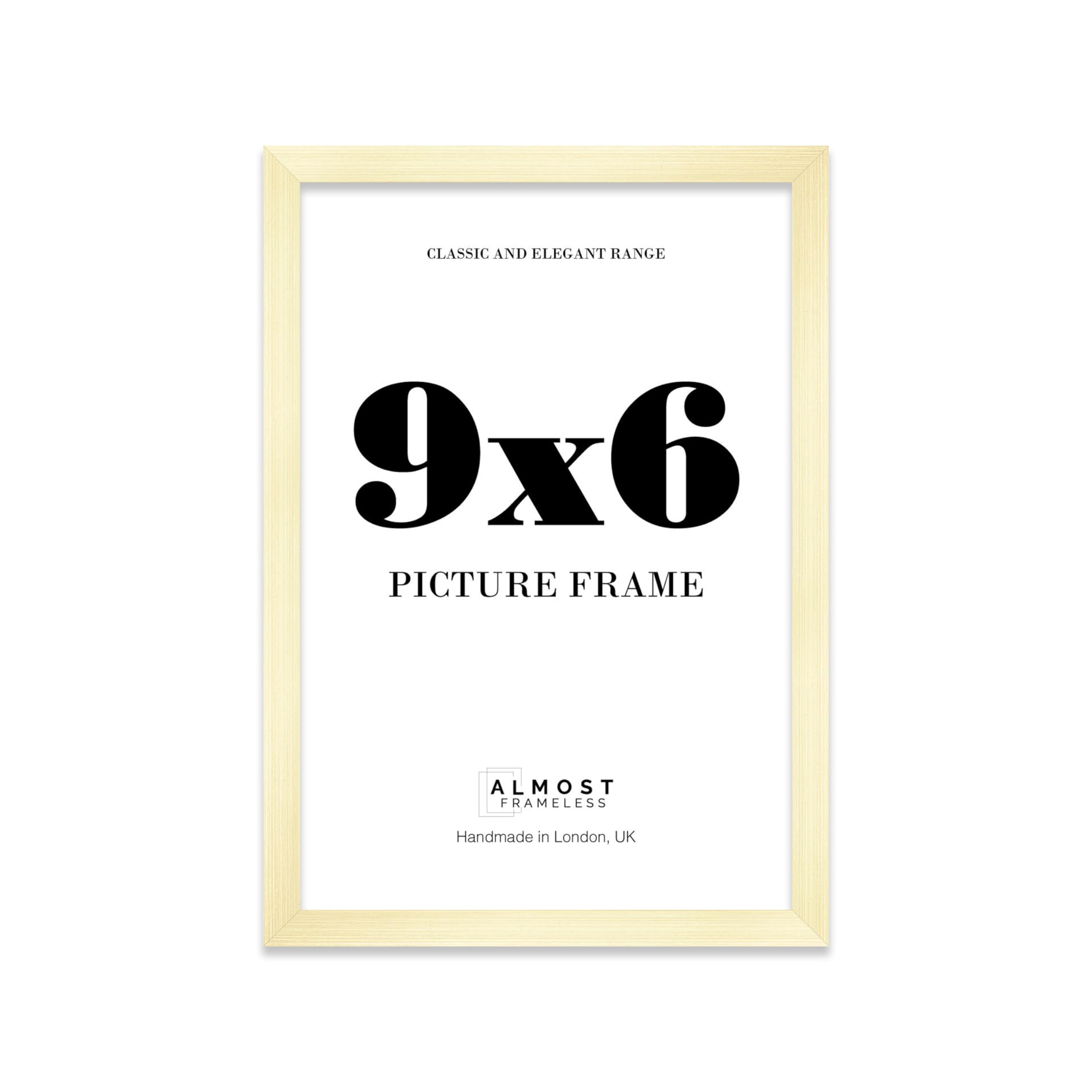 Almost Frameless 9x6 Gold Picture Frame 9"x6"(22.9x15.2cm) Poster, Photo, Artwork, or Print. Thin Edge Slim Frame Portrait and Landscape Display with Wall Hooks