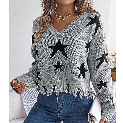 Camiseta feminina de manga comprida, gola V, túnica, casual, estampa de estrelas, tops casuais, Cinz