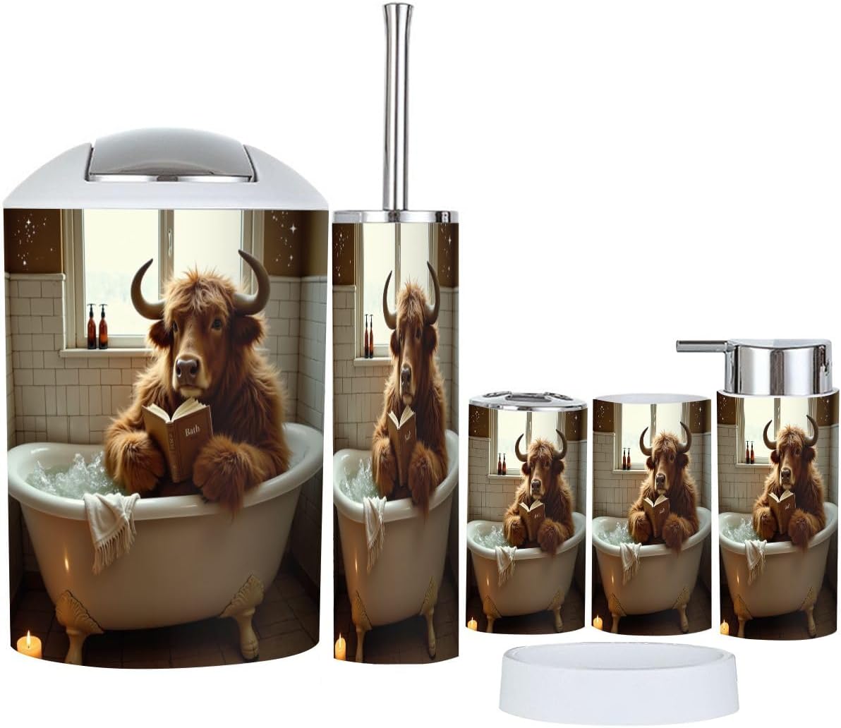 Bathroom Accessories Set 6 Pcs Highland Cattle Funny Shower Curtain Rugs Cow Towels Highland Cow Toothbrush Holder Cup Soap Dispenser Soap Dish Toilet Brush Holder Trash Can for Countertop Decor