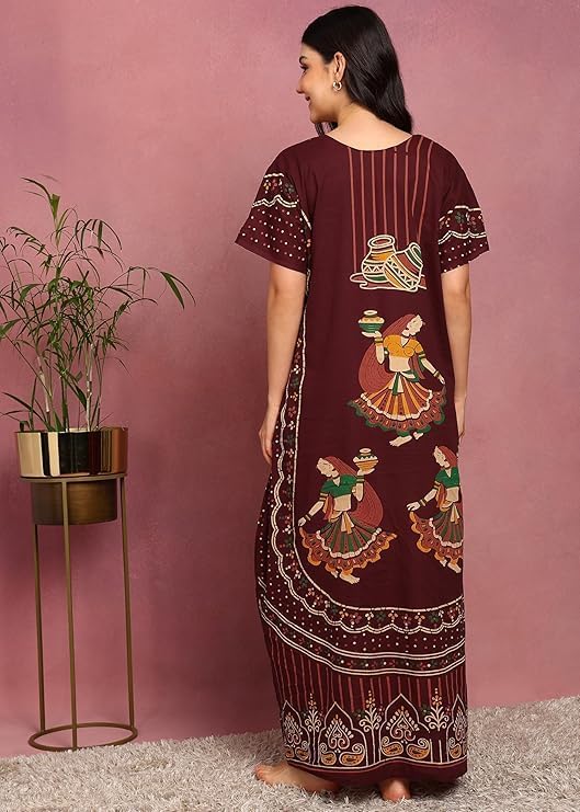 Image of PITINAN Pure Cotton Embroidered Nighty for Women | Maxi Night Gown | Jaipuri Cotton Nightdress with Pocket & Adjustable Knot | Comfortable Sleepwear