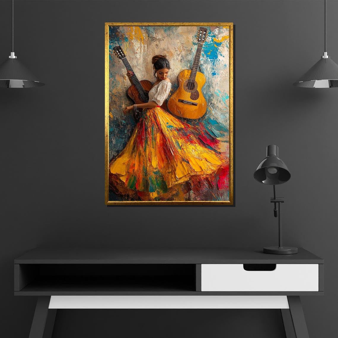 Xinbao Frameless Flamenco Dancer With Guitars Canvas Wall Art Painting – Spanish Music Art, Ready To Hang, For Home Decor Painting Design(80X110cm/Frameless)