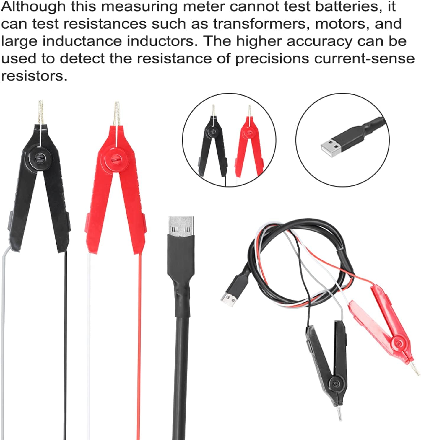 Irfora YR2050 accessories including test clips and USB cable