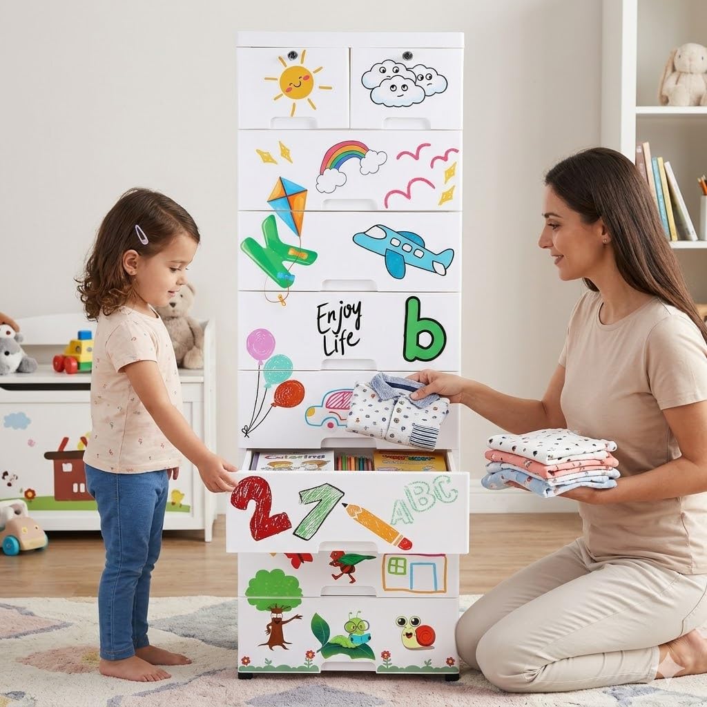 The Tickle Toe Plastic Chest of 9 Drawers for Kids | Multipurpose Organizer & Kids Wardrobe with 2 Locks | Glossy Dresser for Clothes & Toys | 51Lx33Wx159H cm | White with Summer Print-image-6