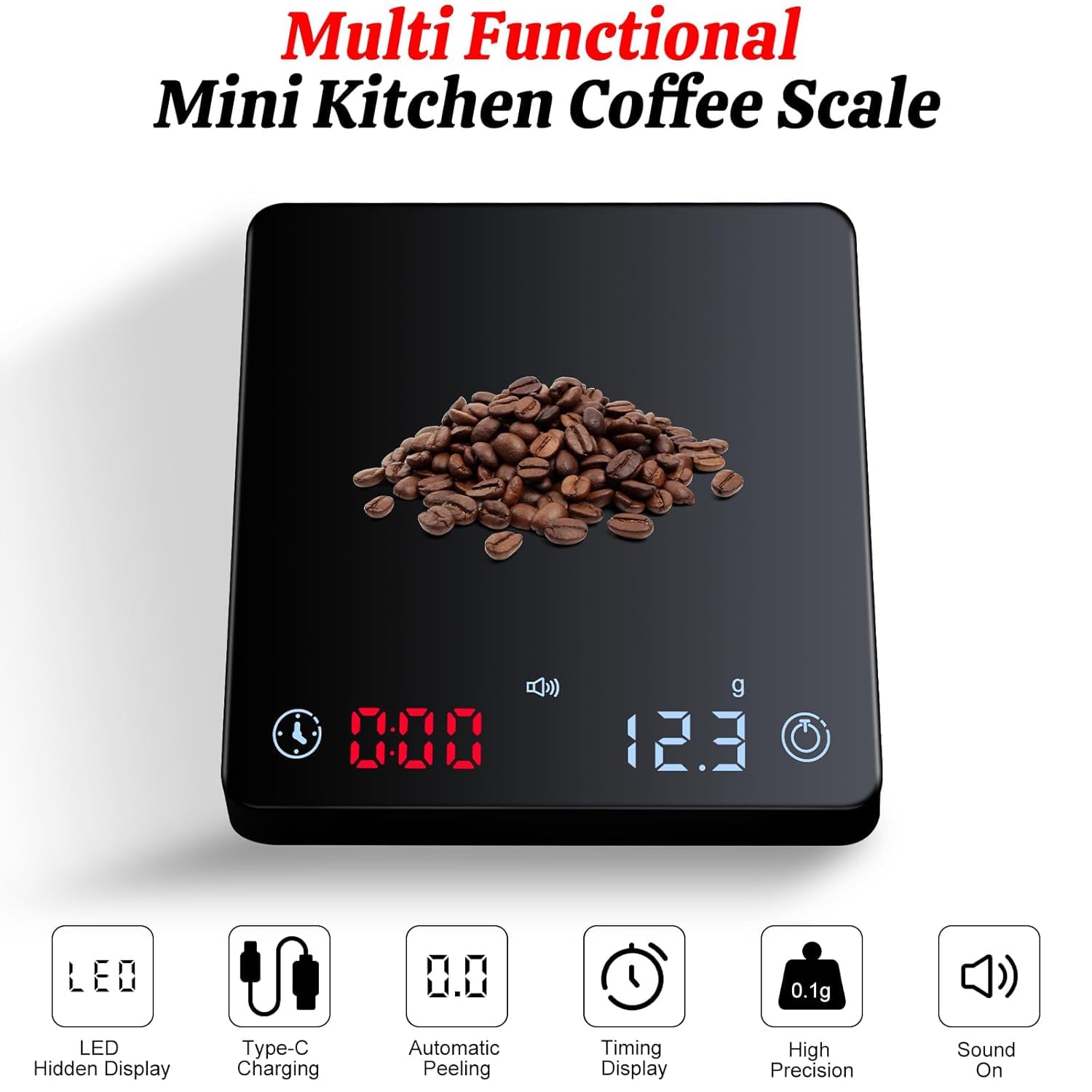 Digital Coffee Scale with Timer, 2kg/0.1g High-Precision Espresso Scale, Portable Rechargeable Mini Kitchen Scale with LED Display, Auto Timer & USB Charging
