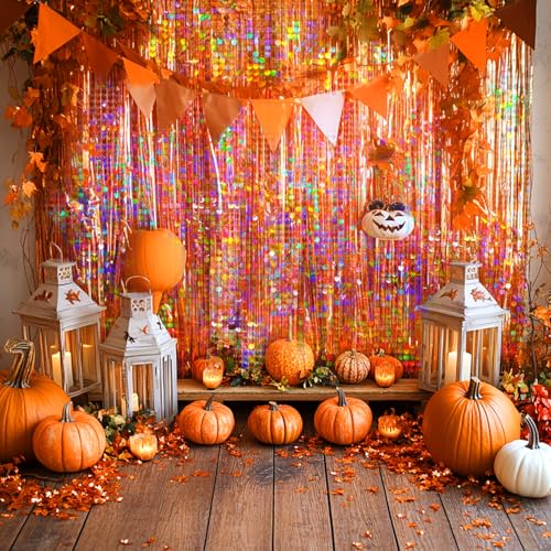 Image of 4 Packs Orange Foil Fringe Curtain, Orange Glitter Metallic Tinsel Backdrop for Birthday, Wedding, Baby Shower, Halloween, Thanksgiving, Friendsgiving, Fall Party Decorations Supplies