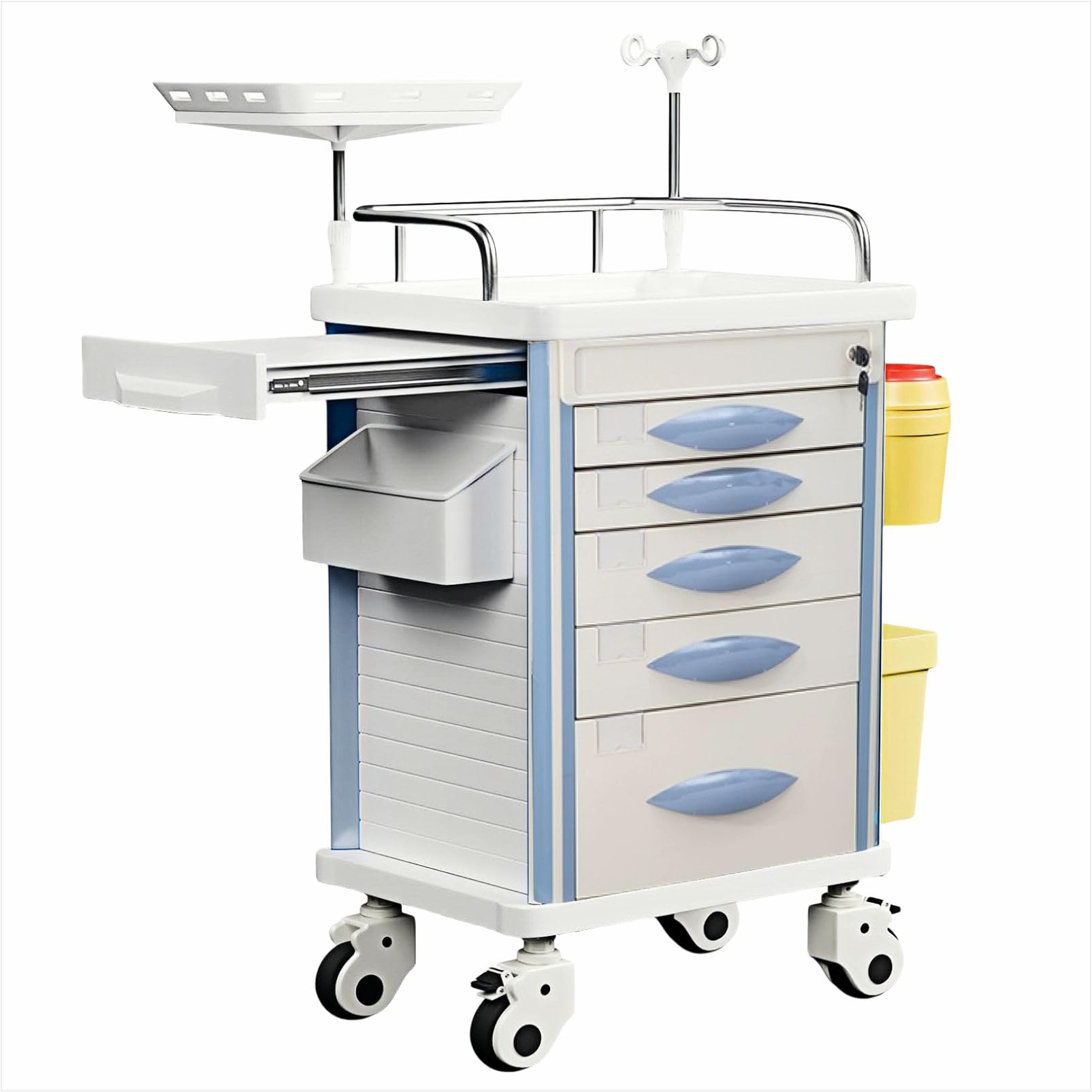 Carrello di emergenza con accessori IV Pole, scheda cardiaca, supporto O2, carrello mobile, bidone della spazzatura, cassetto per clinica, centro infermieristico, 76,2 cm L x 48,3 cm L x 96,5 cm H