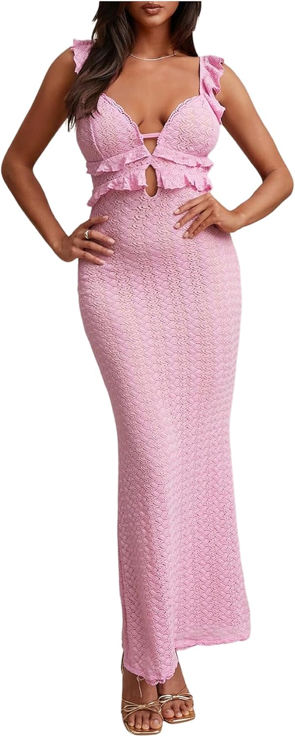 WDIRARA Women's Textured Cut Out Backless Bodycon Maxi Dress Ruffle Sleeveless Fishtail Cami Dresses