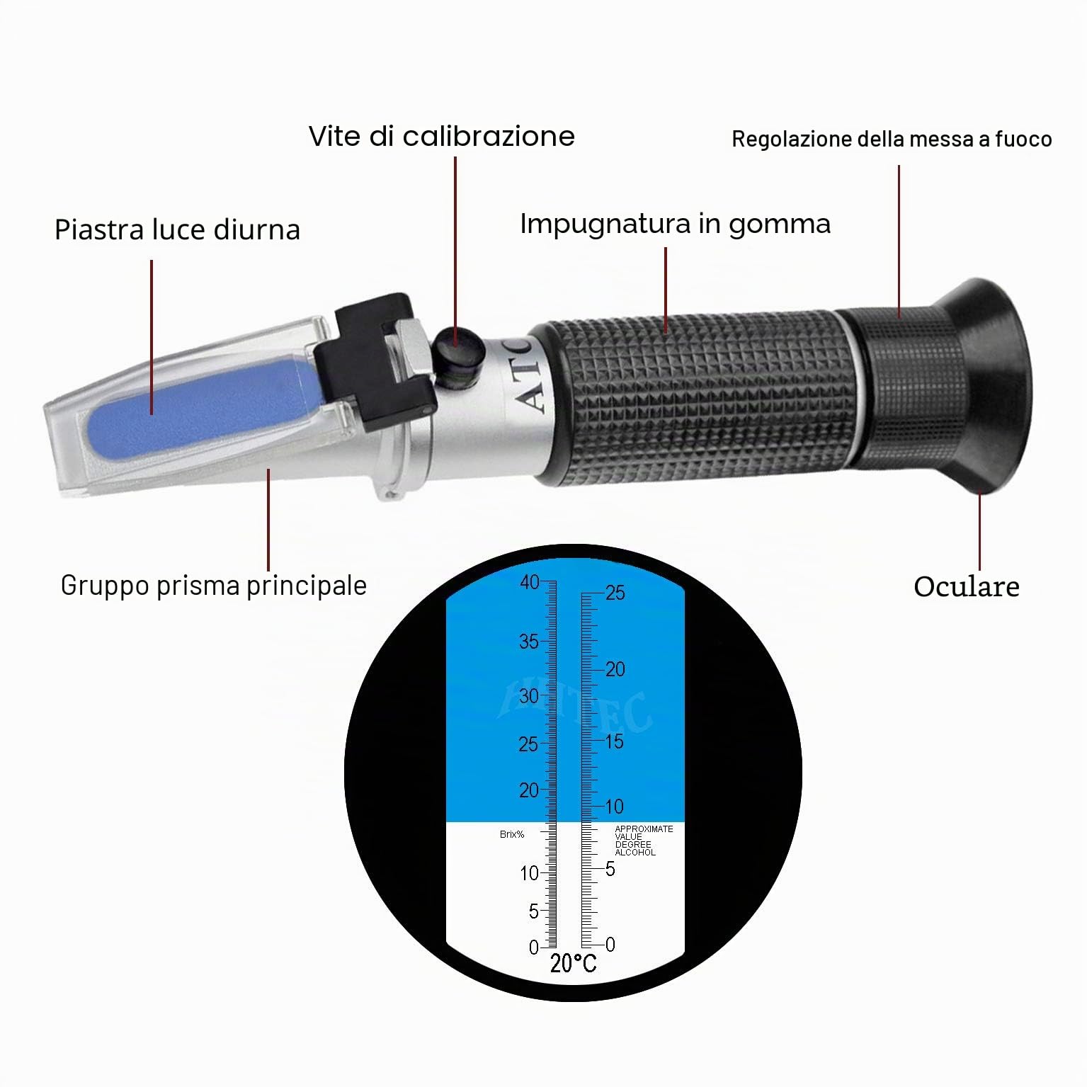 HHTEC Rifrattometro Vino W25ATC – 0–40% Brix & 0–25% Potenziale Alcolico – per Mosto d’UVA – Controllo Fermentazione – Non Misura Alcool Vino finito