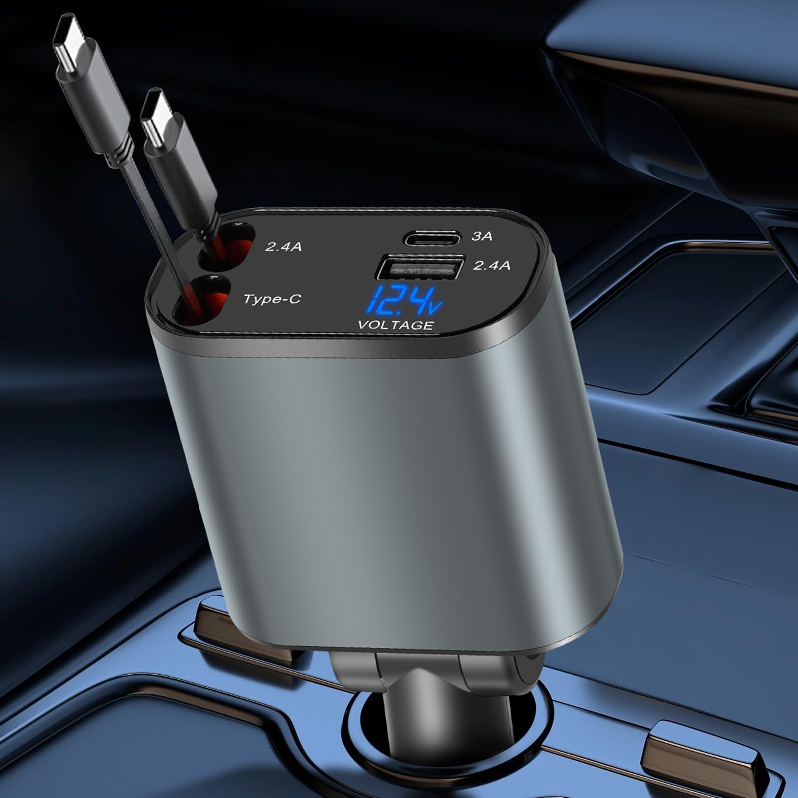 120W Auto Ladegerät Einziehbar - Typ C & USB A Mit Spannungsanzeige 12V/24V