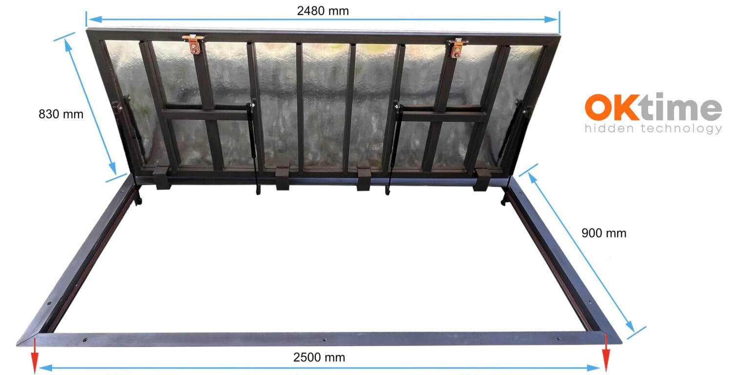 Właz Podłogowy 900 x 2500 mm - Właz do Piwnicy Rewizyjny Podłogowy - Metalowa Pokrywa z Amortyzatorem Gazowym i Uchwytem Oraz Gumową Uszczelką