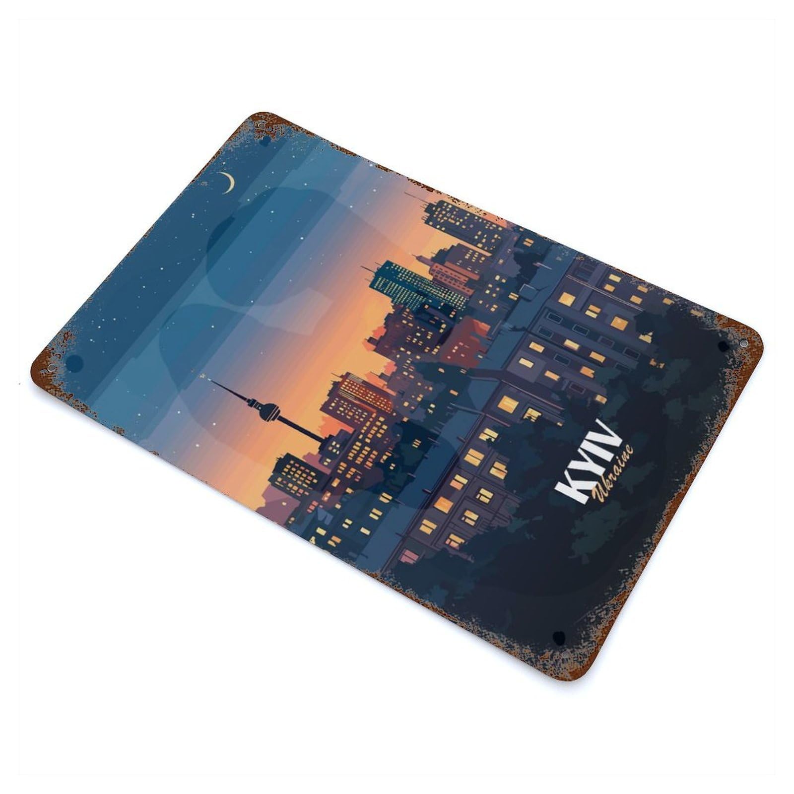 Kyiv, Ukraine Cityscape at Night Retro Metal Sign 11.8"x7.9", for Pub, Kitchen And Man Cave Decor, Industrial Home Decor