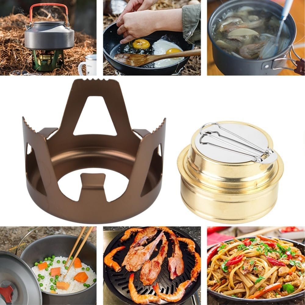 ‌Ultralight Alcohol Stove Burner Set - Mini Camping Cook Stove with Aluminum Pot Stand & Storage Bag for Backpacking, Hiking, Picnic(Brown)