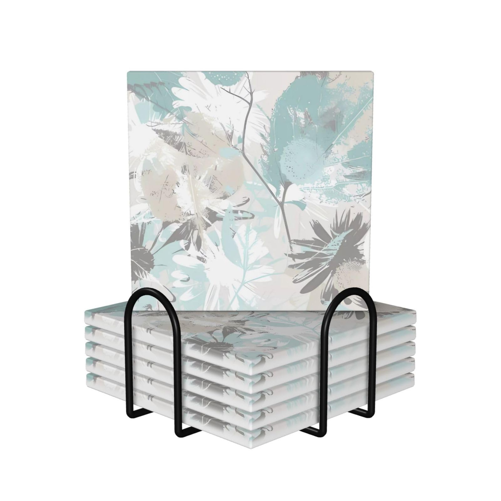 Dessous de verre en céramique et liège au motif feuilles gris menthe