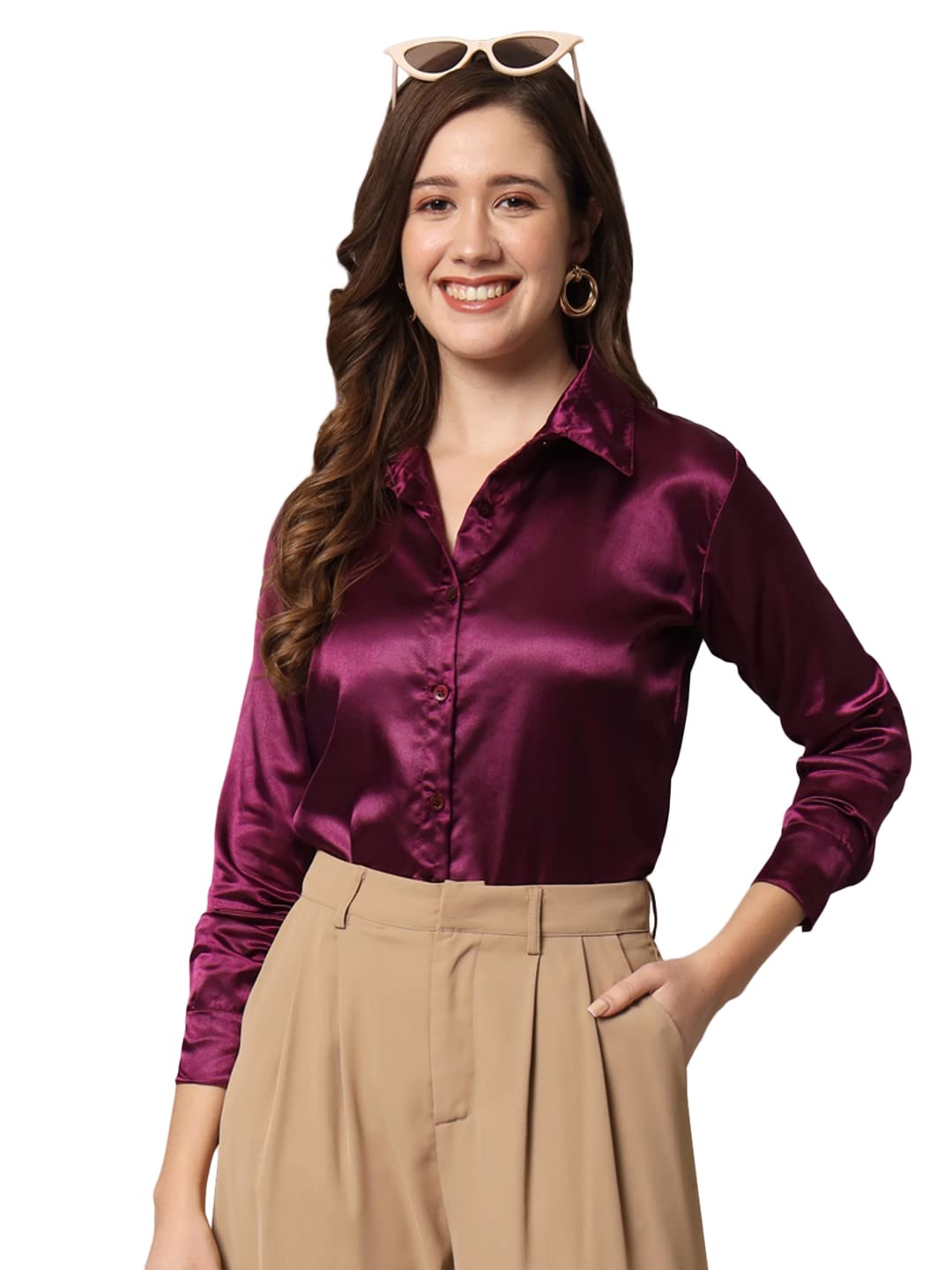 FUNDAY FASHION Women Solid Formal Satin Regular Fit Shirt (X-Large, Wine) (B0BVK5NB4P) Amazon Price History, Amazon Price Tracker