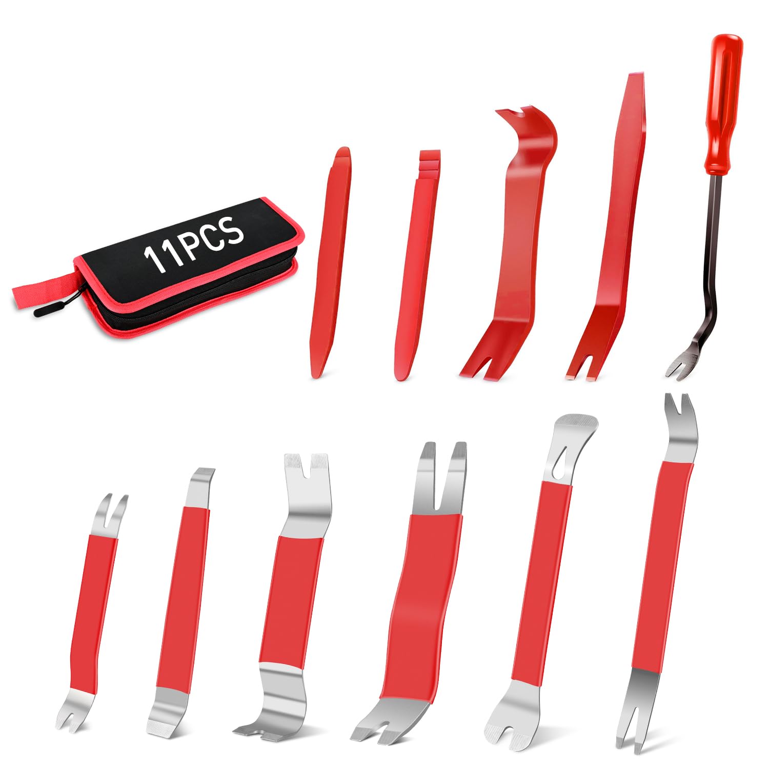 GOOACC 11PCS Trim Removal Tool Kit, Metal &amp; Nylon Pry Tools Set for Car Door Panel, Dashboard, Audio, Clips, Fastener Remover w/Storage Box – Red