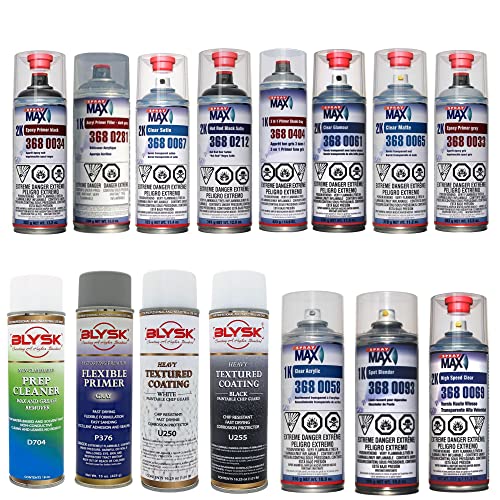Blysk & SprayMax Variation Pack, (15) Cans, 2K Epoxy Primer Black, 1K 3 n1 Primer Shade Gray, 2K Clear Satin, 2K Hot Rod Black Satin, 2K Clear Matte, 1K Clear Acrylic, Spray Coat Kit, Car Repair