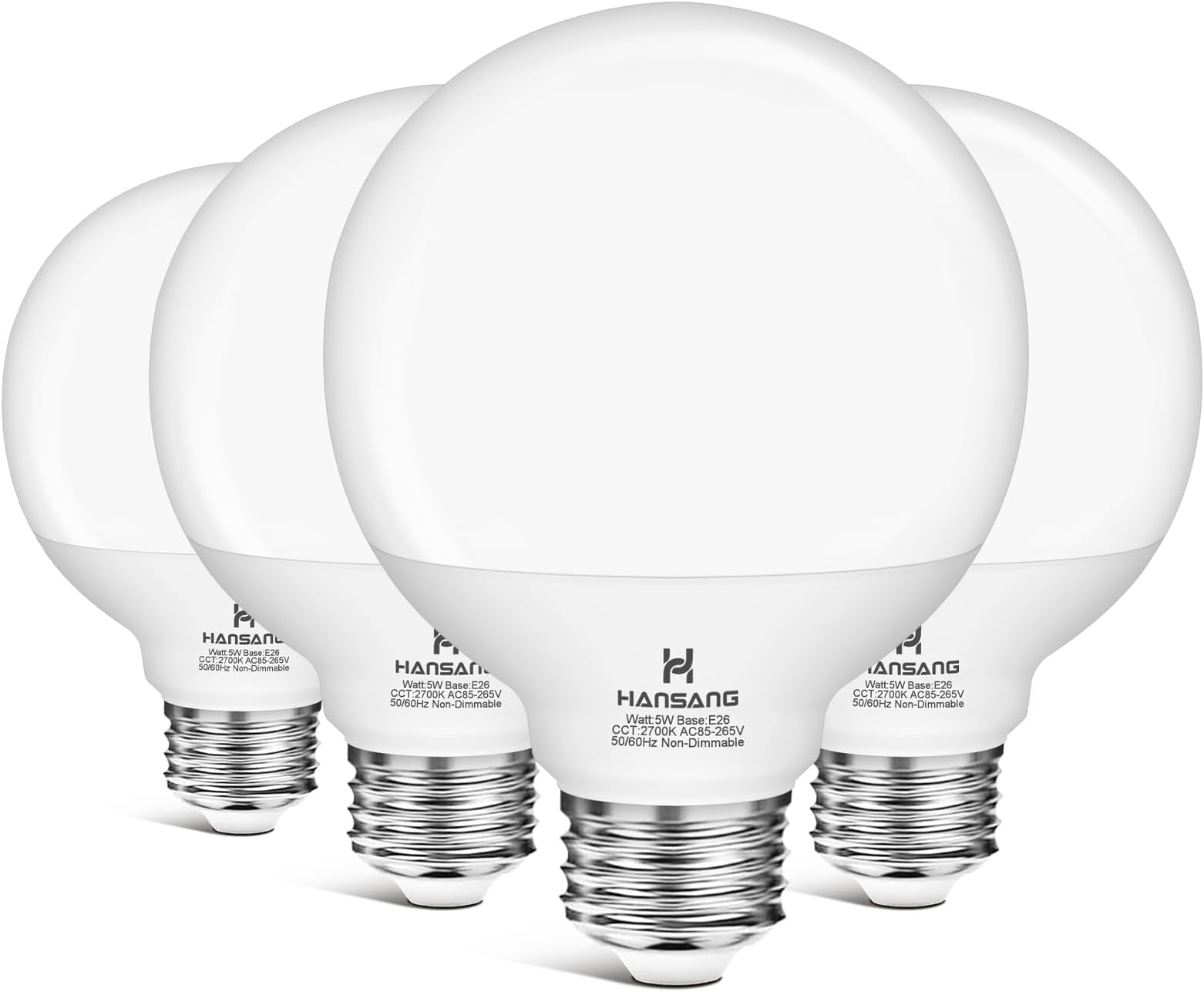 hansang G25 LED Vanity Globe Light Bulbs, 60W Equivalent, 2700K Soft White, Bathroom Light Bulbs E26 Base, Type G Round Bulb for Vanity Makeup Mirror, 120V, CRI85+, Eye Protection Non-Dimmable, 4 Pack