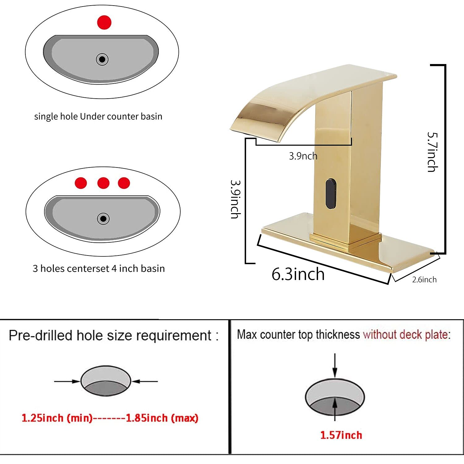 Sensore automatico Oro Lucido Touchless Bagno Lavandino Rubinetto con Coperchio Foro Rubinetto Vanity Mani Free Cascata Bagno Rubinetto Acqua con Scatola di Controllo e Miscelatore Temperatura