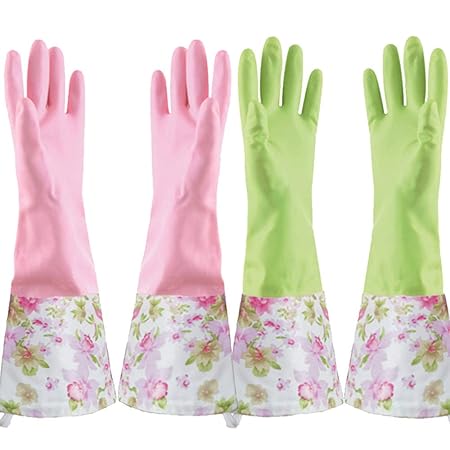 Rubber Latex Waterproof Dishwashing Gloves,Long Cuff and Flock Lining Household Cleaning Gloves 2 Pair (Large)