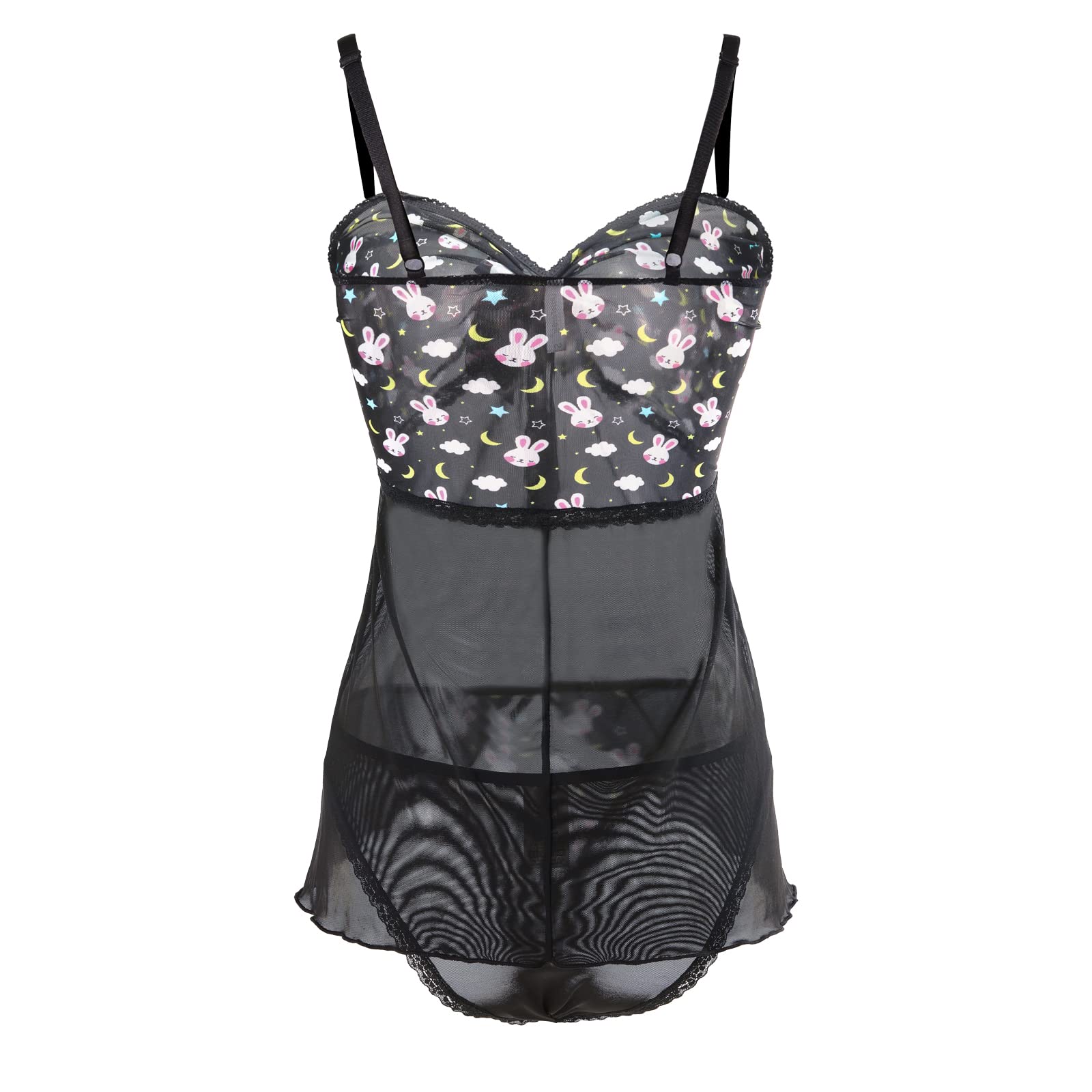 Littleforbig Women Nightwear Lace Babydoll Strap Chemise Halter Lingerie V Neck Sleepwear - Bedtime Bunny Black: Small Black