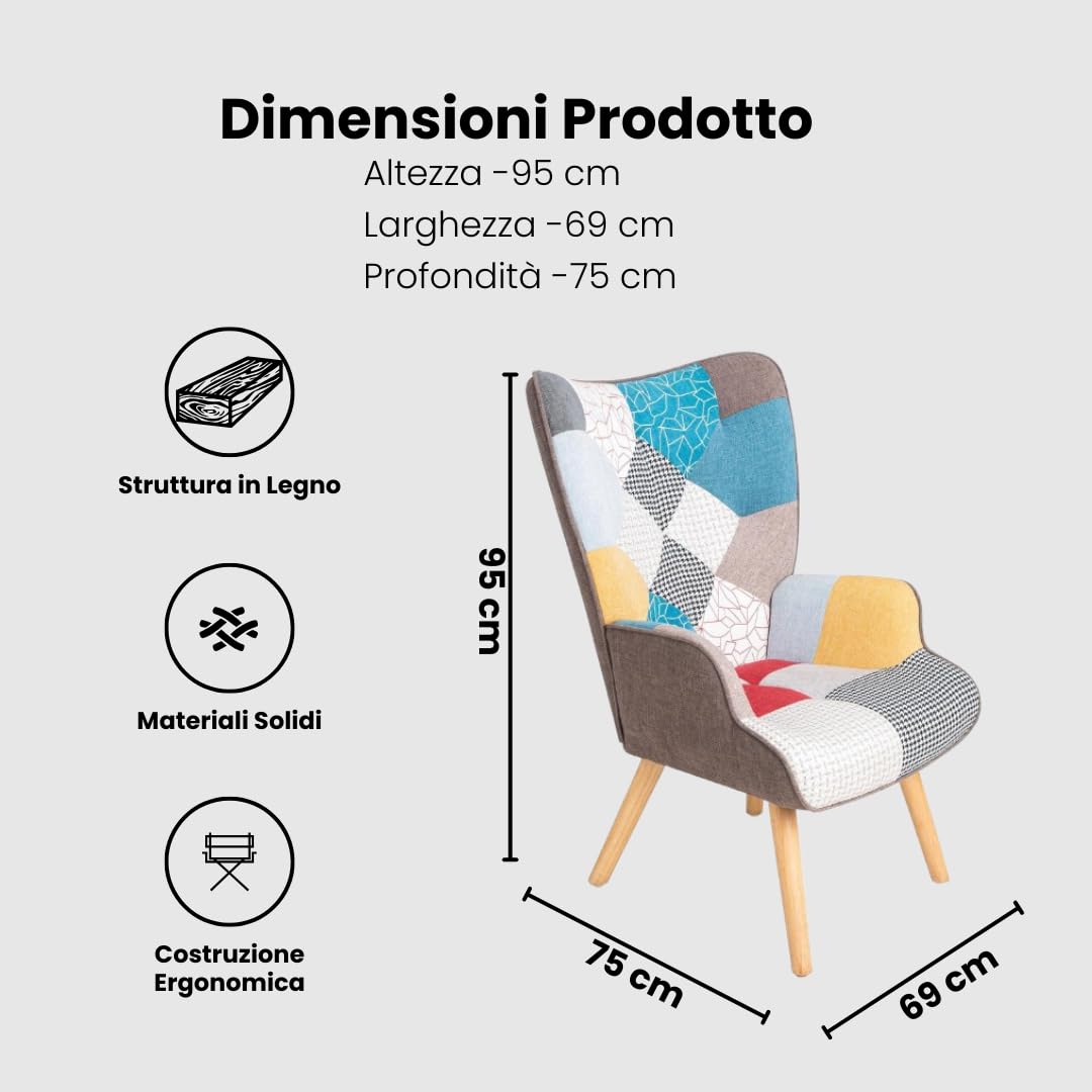 Poltroncina Relax Patchwork Quebec - Poltrona Imbottita con Schienale Alto, Gambe in Legno di Faggio, Design Moderno per Soggiorno, Camera, Ufficio - 69x75x95 cm