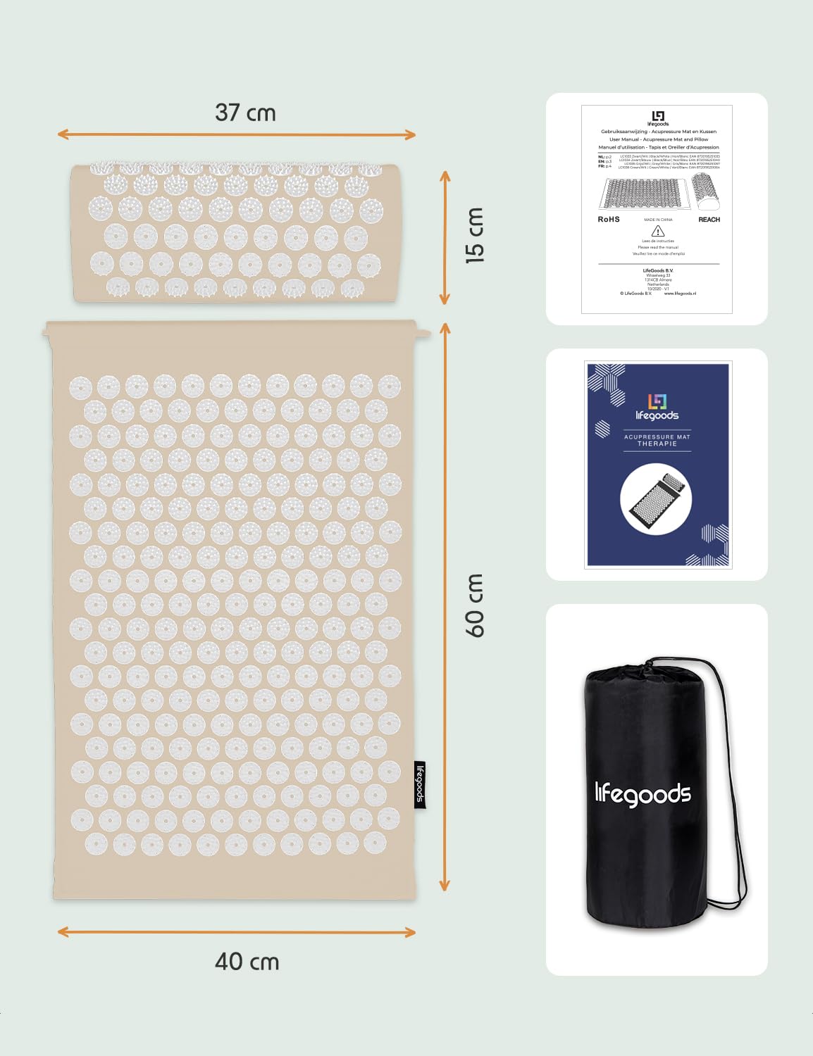 LifeGoods Tapis d'acupression avec Coussin - Tapis d'acupression - Tapis d'acupression+ - Tapis d'acupression - Tapis d'acupuncture - Tapis de massage - pour le dos - Tapis à picots - Tapis de fakir
