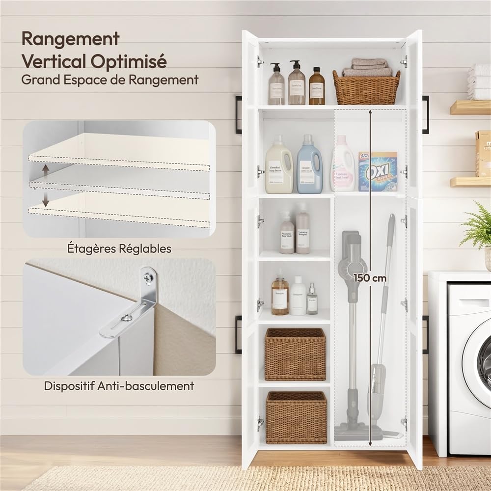 Yaheetech Meuble/Armoire de Rangement avec Compartiment Aspirateur, Colonne avec Étagères Réglables, 4 Portes, pour Salon, Cuisine, Salle de Bain, Blanc, 60x37x175.5 cm